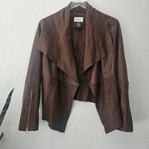 Neiman Marcus Brown Leather Open From Cascade Ruffle Zippered Sleeves Sz Small - Picture 9 of 9